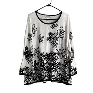 Alfred Dunner Women Cotton Sweater Sz 3X Black White Floral Beaded Embellished